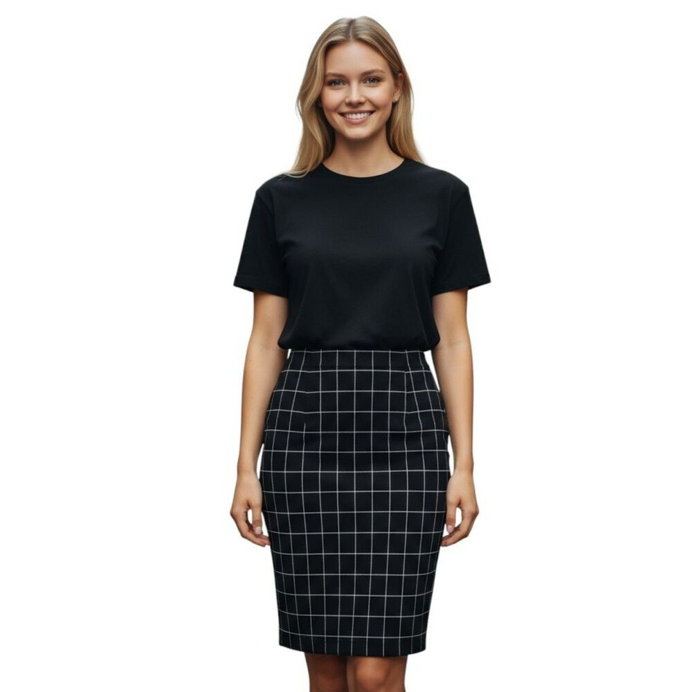 Elle Skirt Women's XS Knee Length Black Check Lightweight Pull On Stretch #316